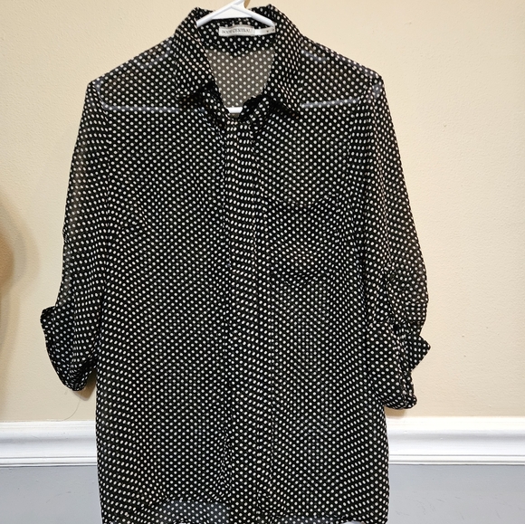 Polka dot black sheer blouse with tie size M - Picture 2 of 4